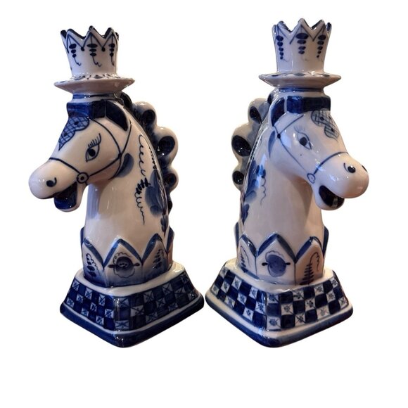 Vintage Russian GZHEL-STYLE Cobalt Blue & White Horses Head Candle Holders Lot 2 - Picture 2 of 7